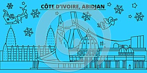 Cote d Ivoire, Abidjan winter holidays skyline. Merry Christmas, Happy New Year decorated banner with Santa Claus.Flat