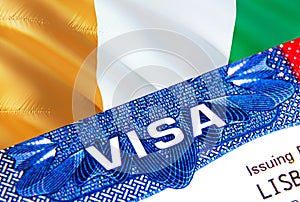 Cote d\'Ivoire Visa in passport. USA immigration Visa for Cote d\'Ivoire citizens focusing on word VISA. Travel Cote d\'Ivoire vis