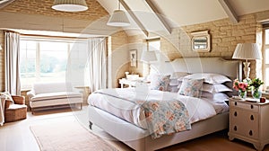 Cottage bedroom decor, interior design and holiday rental, bed with elegant bedding linen and antique furniture, English