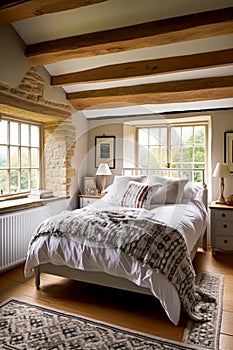 Cottage bedroom decor, interior design and holiday rental, bed with elegant bedding linen and antique furniture, English