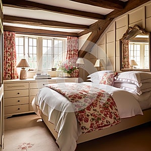 Cottage bedroom decor, interior design and holiday rental, bed with elegant bedding linen and antique furniture, English