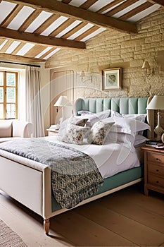 Cottage bedroom decor, interior design and holiday rental, bed with elegant bedding linen and antique furniture, English