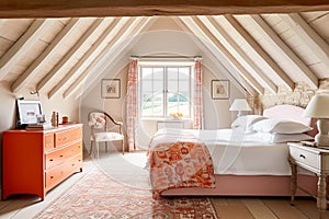 Cottage bedroom decor, interior design and holiday rental, bed with elegant bedding linen and antique furniture, English