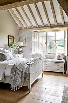 Cottage bedroom decor, interior design and holiday rental, bed with elegant bedding linen and antique furniture, English