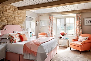 Cottage bedroom decor, interior design and holiday rental, bed with elegant bedding linen and antique furniture, English