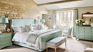 Cottage bedroom decor, interior design and holiday rental, bed with elegant bedding linen and antique furniture, English