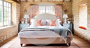 Cottage bedroom decor, interior design and holiday rental, bed with elegant bedding linen and antique furniture, English