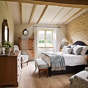 Cottage bedroom decor, interior design and holiday rental, bed with elegant bedding linen and antique furniture, English