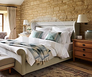 Cottage bedroom decor, interior design and holiday rental, bed with elegant bedding linen and antique furniture, English