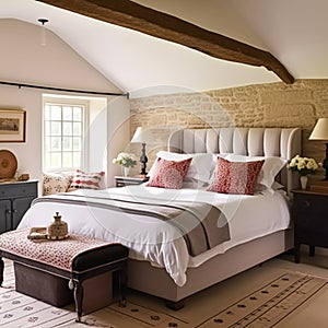 Cottage bedroom decor, interior design and holiday rental, bed with elegant bedding linen and antique furniture, English
