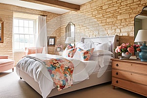 Cottage bedroom decor, interior design and holiday rental, bed with elegant bedding linen and antique furniture, English