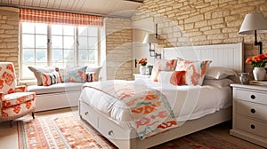 Cottage bedroom decor, interior design and holiday rental, bed with elegant bedding linen and antique furniture, English