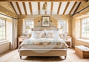 Cottage bedroom decor, interior design and holiday rental, bed with elegant bedding linen and antique furniture, English