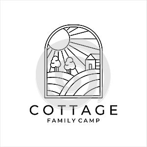 cottage or cabin line art minimalist simple vector logo illustration design. badge cottage at hill in summer forest line art logo