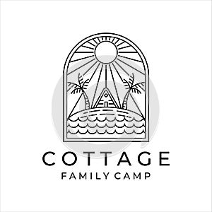 cottage or cabin line art simple minimalist vector logo illustration design. badge cottage at the beach and palm tree family camp