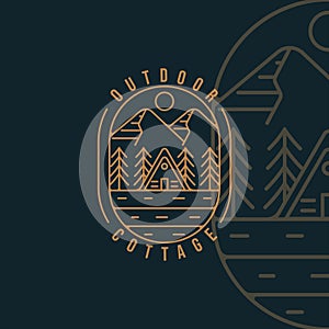 cottage or cabin line art vector logo illustration template icon graphic design. adventure outdoor at mountain forest in night