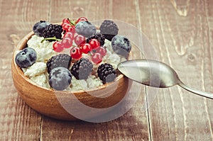 cottage cheese with berries/healthy breakfast: bowl of cottage cheese with fresh berries. selective focus