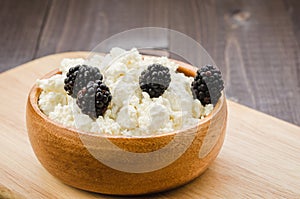 Cottage cheese with blackberry in a plate/cottage cheese with blackberry in a plate on a wooden background