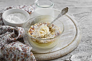 Cottage cheese casserole with apples in a glass bowl