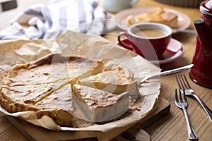 Cottage cheese casserole and coffee for breakfast