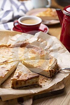 Cottage cheese casserole and coffee for breakfast