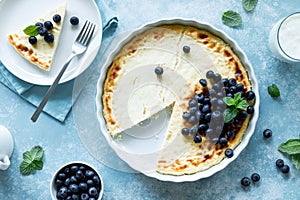 Cottage cheese cheesecake with fresh blueberry, top down view