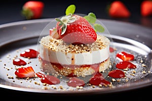 Cottage cheese cream on a shortbread base is complemented by strawberries, delicate confit and sesame seeds. The final and perhaps