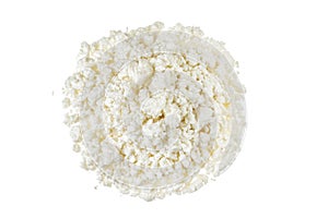 Cottage Cheese, Curd, isolated on white background. Top view. Flat lay