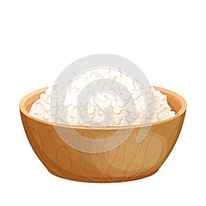Cottage cheese dairy product in wooden bowl in cartoon style isolated on white background. Farm nature ingredient