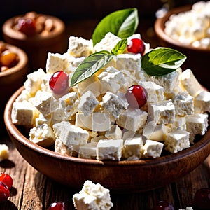 Cottage cheese, fresh white soft cheese served in bowl