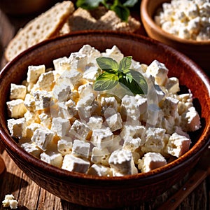 Cottage cheese, fresh white soft cheese served in bowl