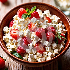 Cottage cheese, fresh white soft cheese served in bowl