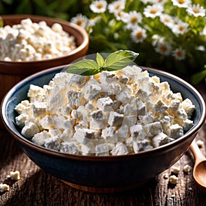 Cottage cheese, fresh white soft cheese served in bowl