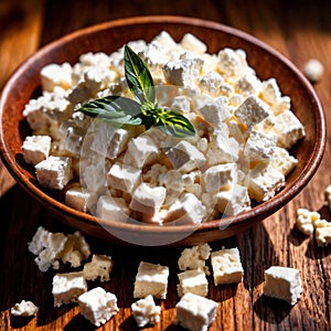 Cottage cheese, fresh white soft cheese served in bowl