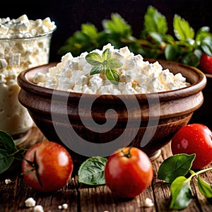 Cottage cheese, fresh white soft cheese served in bowl