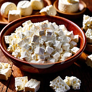 Cottage cheese, fresh white soft cheese served in bowl