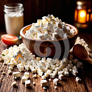 Cottage cheese, fresh white soft cheese served in bowl