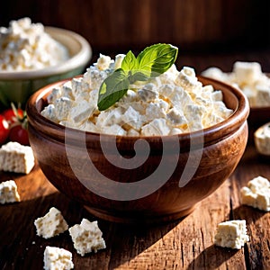 Cottage cheese, fresh white soft cheese served in bowl