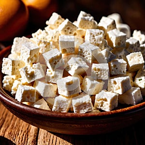 Cottage cheese, fresh white soft cheese served in bowl