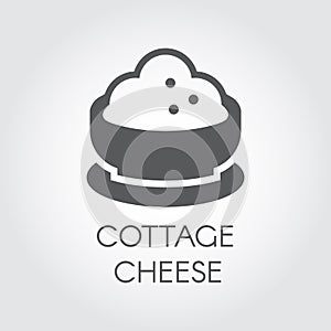 Cottage cheese glyph icon. Dairy product in bowl flat label. Natural healthy diet food logo. Milk ingredient pictogram