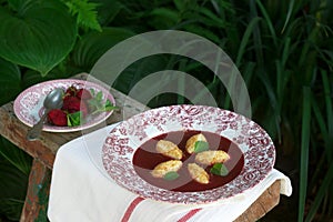 Cottage cheese gnocchi with strawberry sauce and lemon balm leaves on the background of the summer garden. Rustic style