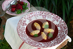 Cottage cheese gnocchi with strawberry sauce and lemon balm leaves on the background of the summer garden. Rustic style