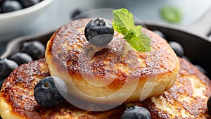 Cottage cheese pancakes served in cast iron frying pan with blueberries and mint leaves. Healthy breakfast food.