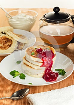 Cottage Cheese Pancakes Syrniki. Rich in protein and low carb food