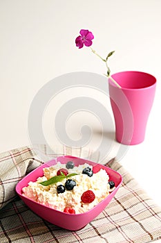 Cottage cheese in pink plastic bowl decorated mint and berry.