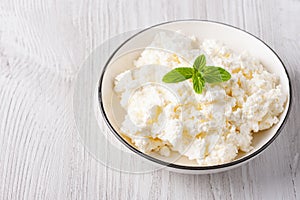 Cottage cheese in a plate on a white table, with copy space for text