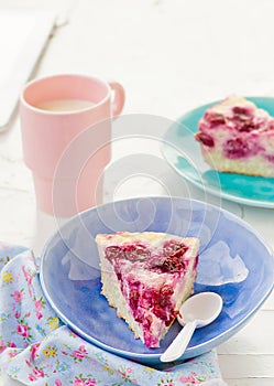 Cottage cheese pudding with cherry, a milk cup for a breakfast on .