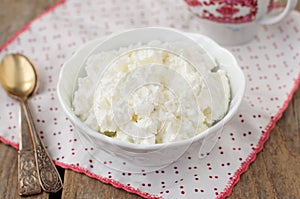 Cottage Cheese (Quark, Cream Cheese, Curd) in a White Bowl