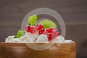 cottage cheese with red currant and mint in a wooden plate/cottage cheese with red currant and mint in a wooden plate. Close up
