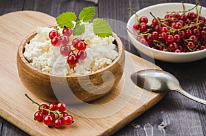 cottage cheese with red currant and mint in a wooden plate/cottage cheese with red currant and mint in a wooden plate on a dark b